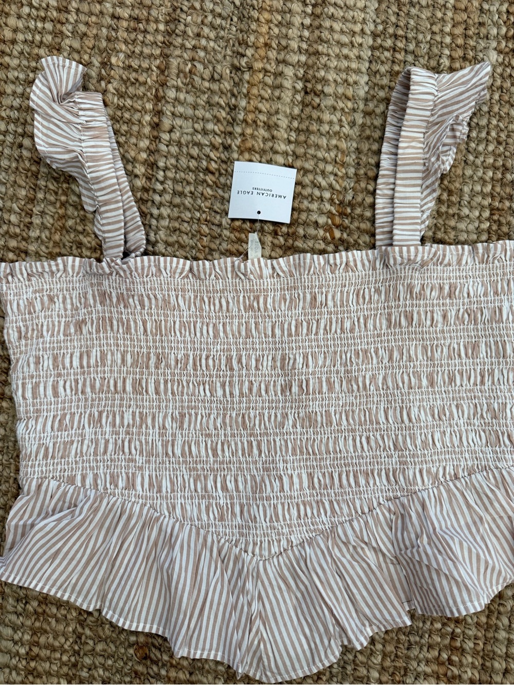 American Eagle Outfitters Beige and White Striped Smocked Ruffle Crop Top